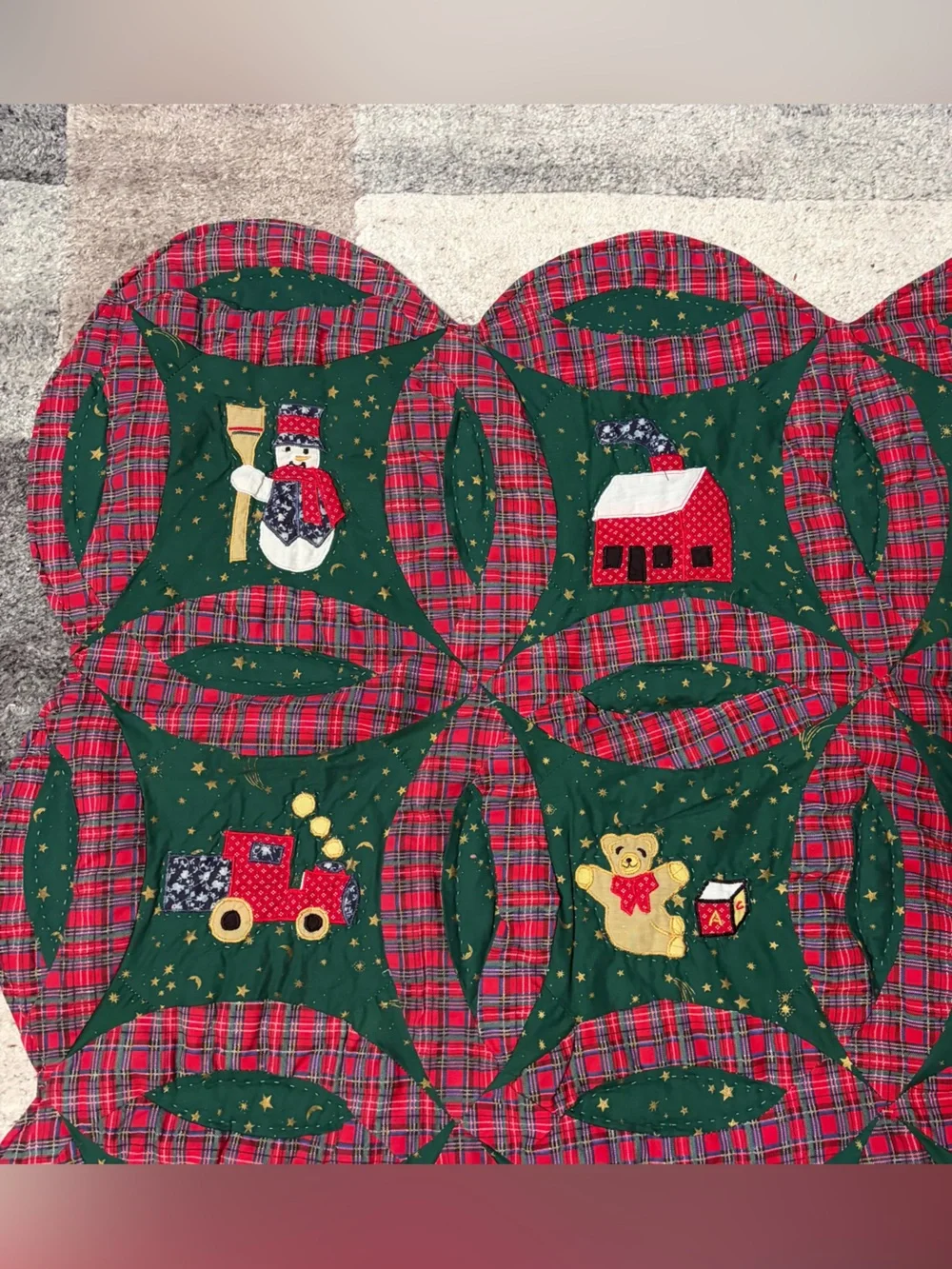 Vtg Hand-Sewn Christmas Quilt Double Wedding Ring Red Green Snowman Train 62x49